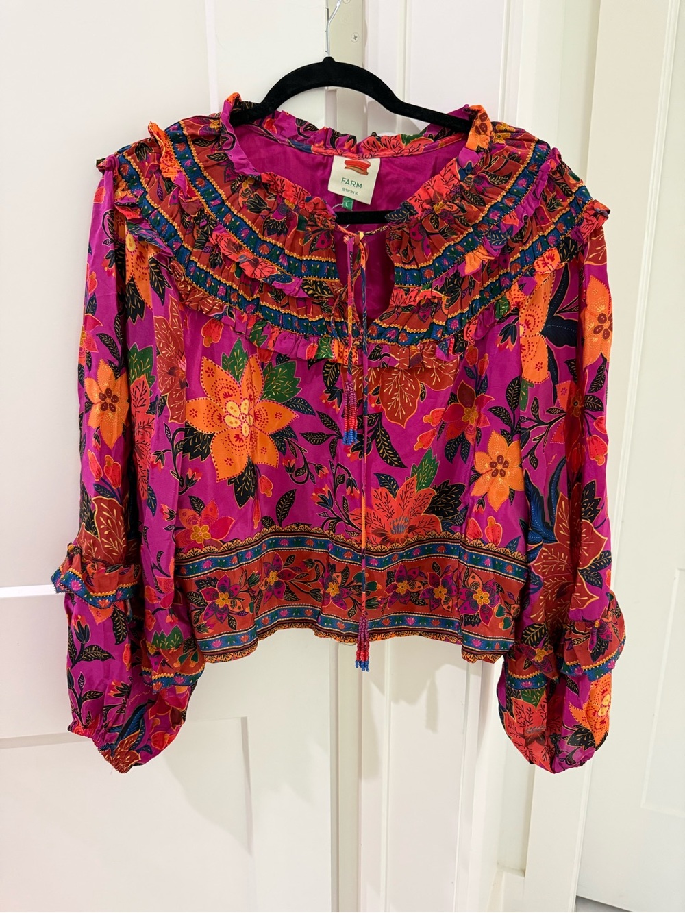 FARM Rio Vibrant Pink & Orange Floral Ruffle Peasant Blouse
